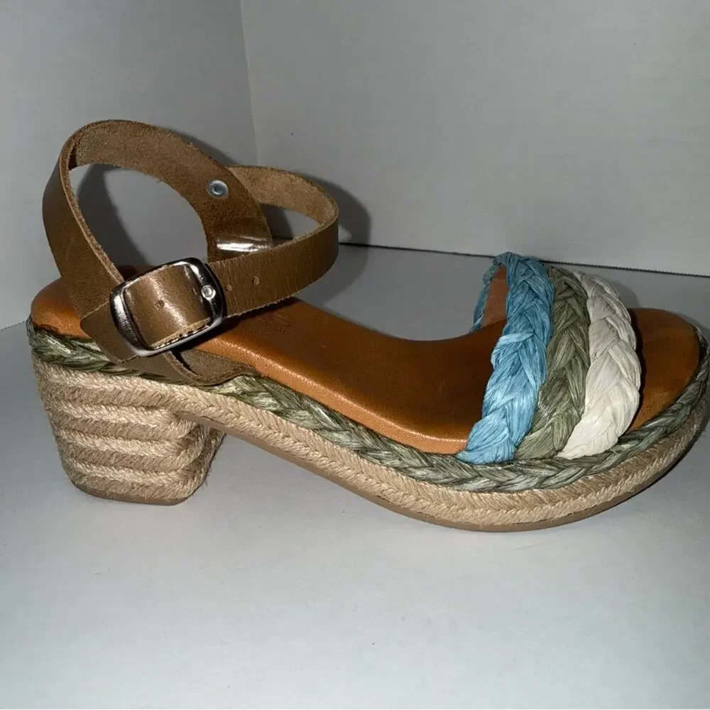 NWOT LIBERITAE ankle strap woven block heel boho vacation resort espadrilles 37